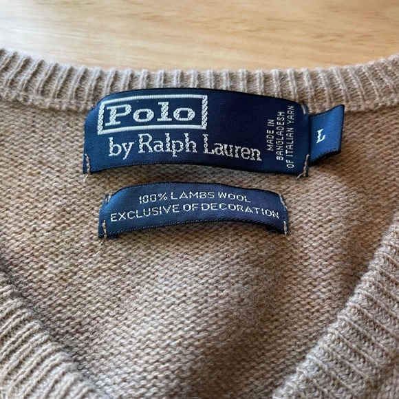 Polo Ralph Lauren Mens V Neck Sweater L Lambs Wool Tan Embroidered Pony - Picture 3 of 8